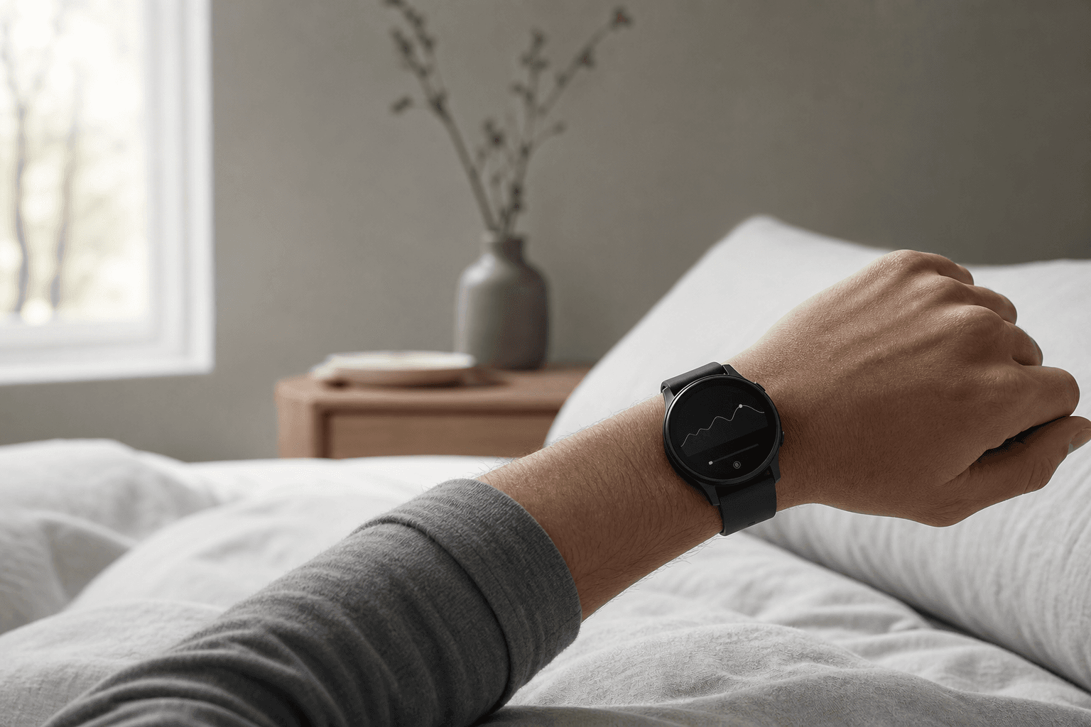 An adult checking a health-trend display on a black smartwatch after waking
