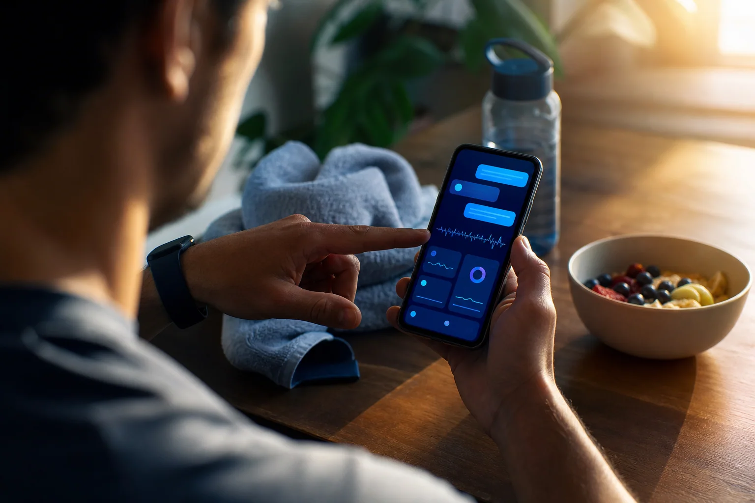 A person using a conversational health dashboard on a phone after a morning workout
