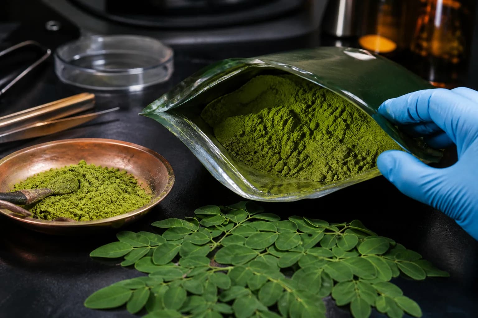 A gloved hand inspecting vivid green moringa powder and leaves on a dark workbench