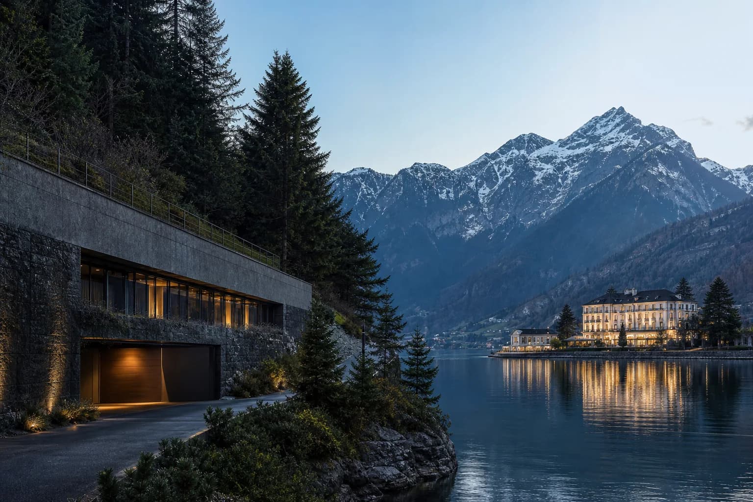 A modern alpine clinic and a private lakeside wellness property facing each other across a Swiss lake